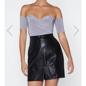 Off the Shoulder and Wiser gray silky bodysuit